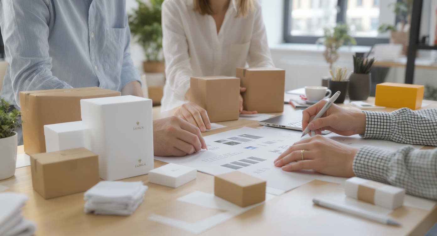 Team working on product development and packaging prototypes