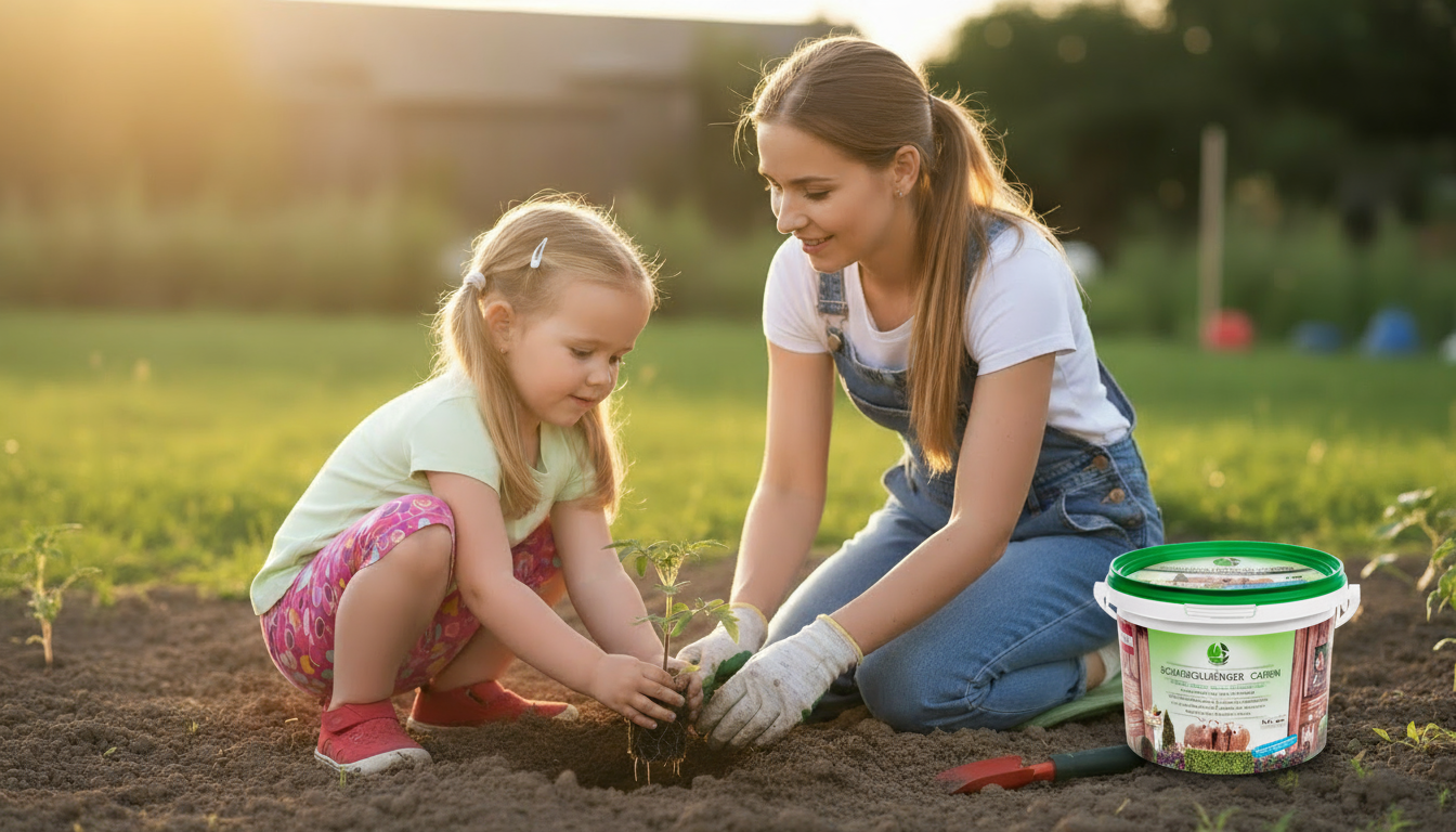 Mädchen mit Mama pflanzen Gemüse